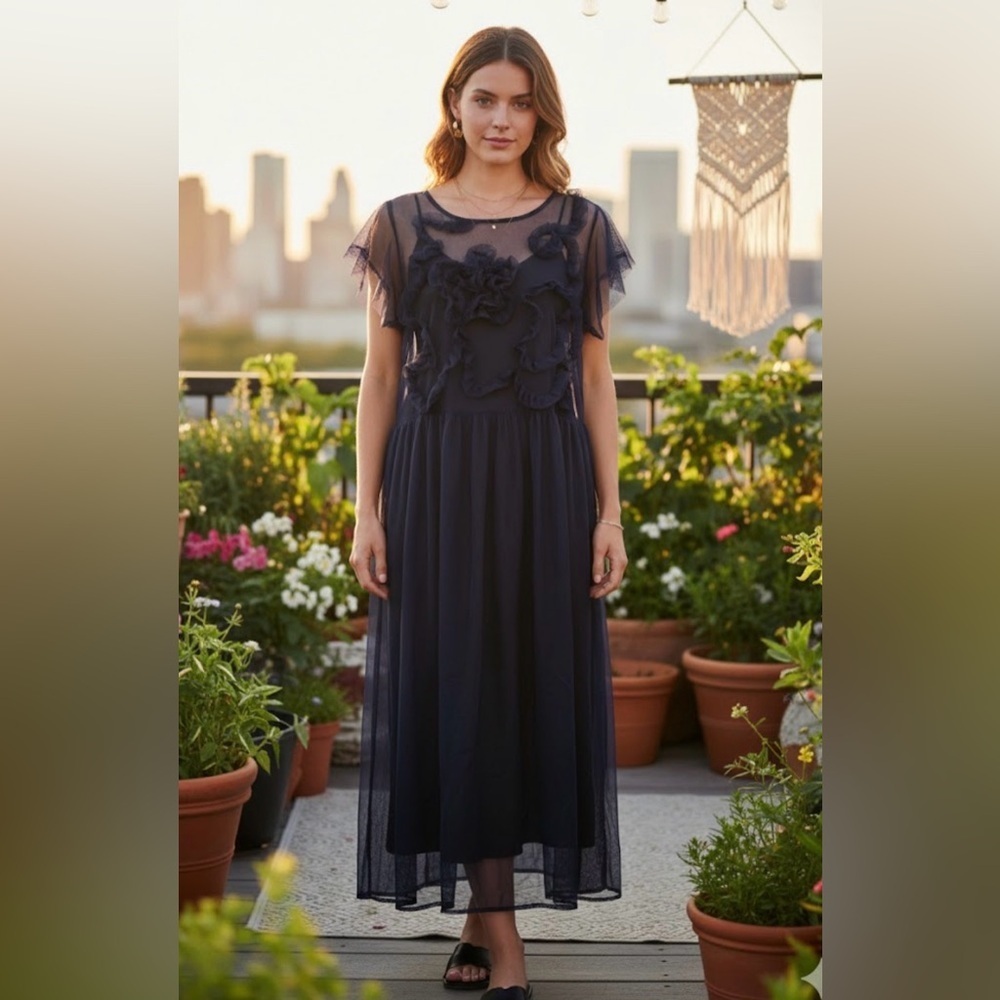 Women's Vince Camuto Navy Sheer Ruffle Dress L